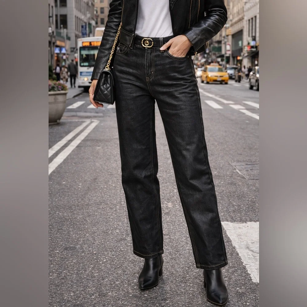TOPSHOP Modern Architectural Black Waxed Denim Wide Leg Jeans, 4 - Picture 1 of 16